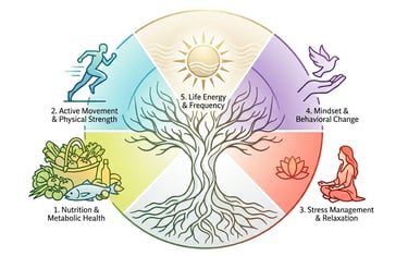 A holistic health wheel showing five pillars of wellness around a tree of life symbol.