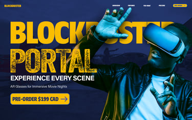 portal landing page hero section with blue tint man with ar glasses and blockbuster portal word block behind man and nav bar