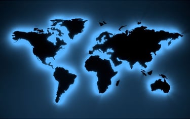 "World map with blue glowing background showing global continents and countries"