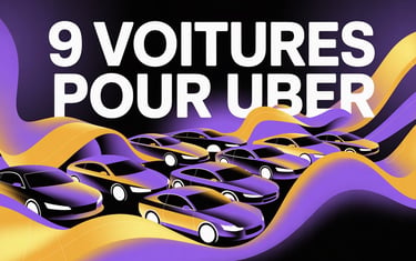 Illustration des 9 meilleures voitures pour Uber sur fond violet et jaune
