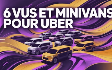 Illustration de 6 modèles de SUV et minivans pour Uber sur un fond abstrait violet.