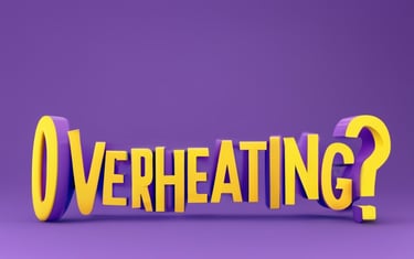 a purple overheating sign that says "overheating?"