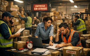 Equipe logística enfrentando atrasos e desorganização no centro de distribuição