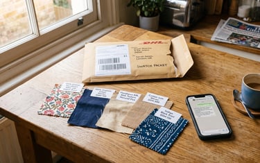 Fabric sourcing India — physical fabric swatches from Jaipur manufacturer delivered to UK clothing brand founder for approval