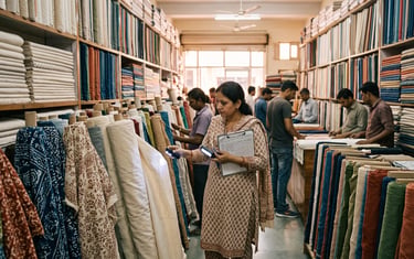 Fabric sourcing in Jaipur India textile market — organic cotton and linen wholesale for international clothing production