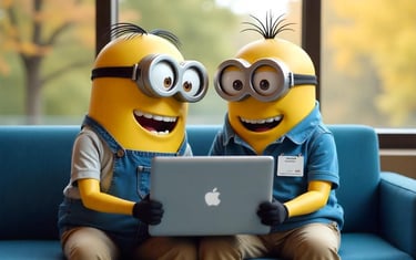 two Minions dressed up nicely working on Laptop