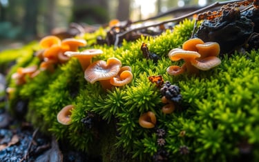 detailed close-up of vibrant green moss intertwined with colorful fungi