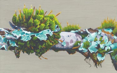 a painting of a tree branch with bright green moss and teal lichen.