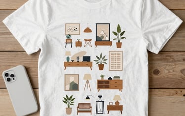 Budget-Friendly Home Tips - White t-shirt with mid-century modern furniture illustrations
