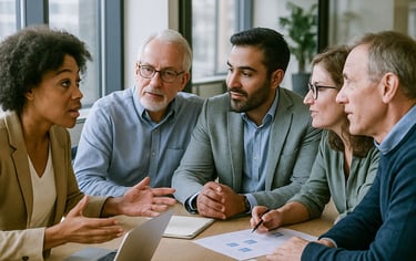 Staffing and recruiting professionals in a business meeting, engaged in discussion about the best hiring solutions