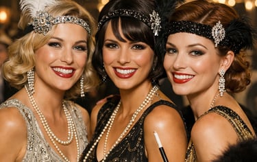 Three pretty women in 1920s flapper dresses