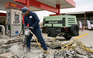 Técnico de Petrosur C.A. operando compresor Sullair para remodelación de estación de servicio Venezu