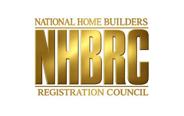 Gold metallic NHBRC logo for the National Home Builders Registration Council on a black background.