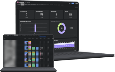 Revenue cycle management dashboard on laptop screens displaying RCM task analytics and data charts.