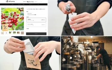 公式商品ページ画面と手作業でドリップバッグに粉を詰める様子、焙煎機の前で作業するスタッフの写真｜堺市のニュースならサカイタイムズ
