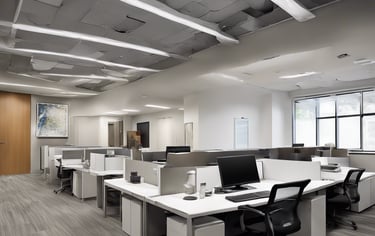 a large recently renovated open office with a desk and chairs
