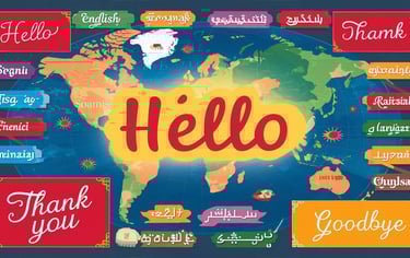 a world map with words hello in different languages