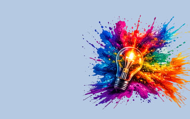 A glowing light bulb surrounded by vibrant colorful paint splashes, symbolizing creative ideas and innovation.