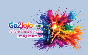 A glowing light bulb over a colorful paint splash with the Go2Jojo.com logo and creative design slogan.