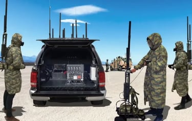 a man in camouflage gear standing in front of a van