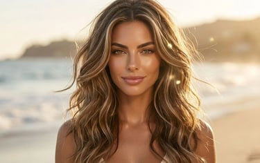 Beachy blowout waves hairstyle with soft natural texture, sun-kissed glow, and relaxed summer fashio