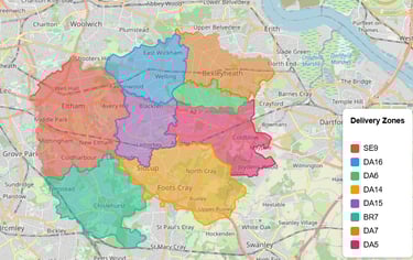 Free delivery areas shaded and listed