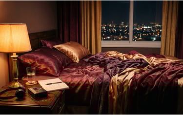 Luxury bedroom with silk bedding and a nightstand lamp overlooking a city skyline at night.