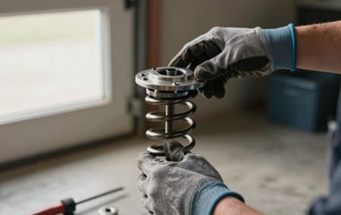 Angled close-up of a technician's gloved hands adjusting a garage door torsion spring mechanism, soft natural window light from the left, tools visible on the concrete floor below