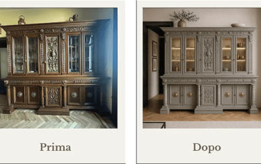 Restyling di un mobile massiccio antico pieno di intagli e decori, dipinto di greige e cambiate le vetrine