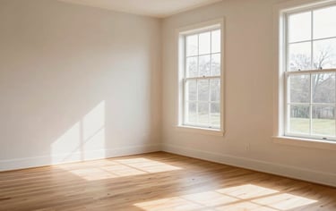 A spacious, brightly lit interior of a Chicagoland home in Greater Chicagoland, US, featuring clean light slate walls and warm hardwood floors. Soft sunlight filters through large modern windows.