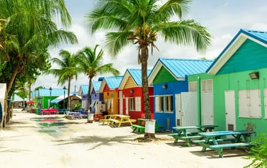 Colorful beach huts and picnic tables under palm trees at a tropical Caribbean resort.
