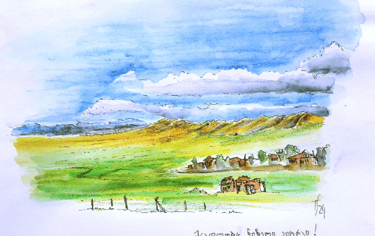 Paysage coloré de la steppe où tronent les restes de la ville d'Udabno, Géorgie