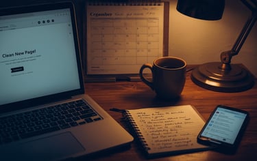 Flat lay of side hustle workspace with laptop and planning materials