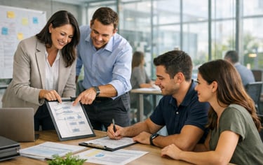 Consultora orientando a implementação do sistema de gestão para gestor e equipe em reunião