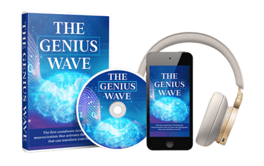 The Genius Wave digital audio program with a physical book, CD, smartphone app, and over-ear headphones.