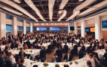 A vibrant scene from a corporate event, showcasing guests enjoying a networking session.