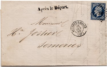 1859: Brief über 7,5 g, frankiert mit 20 Centimes, von AVESNES nach SEMERIES.
