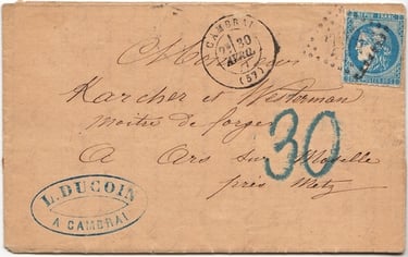 Letter mailed on 30 April 1871 at CAMBRAI for ARS SUR MOSELLE franked at at 20 c.