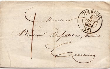 1834: Lettre de TOURCOING pour TOURCOING datée du 5 août 1834. Ce pli est en port dû et taxé à la pl