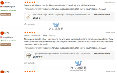 Positive customer reviews for luggage and handbag hardware accessories from Wan Shihong Trading.