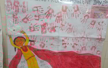 Poster with hand drawn girl in yellow dress and lots of red handprints.