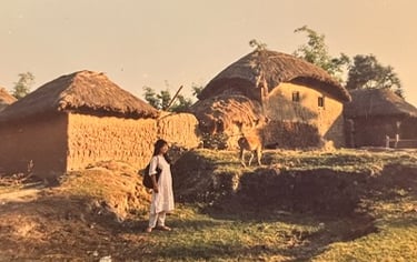 Kayoko standing by large mud and thatch homes.