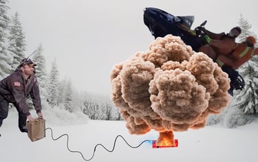 A man uses a detonator to trigger a snow explosion near a snowmobile in a winter forest.