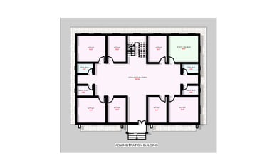 Architectural floor plan of an administration building showing offices, lobby, and staff lounge.