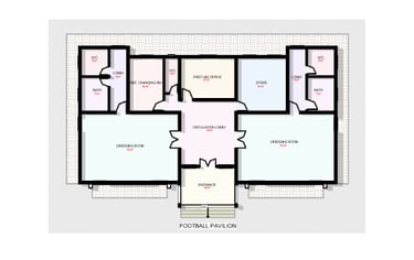 Architectural floor plan for a football pavilion showing dressing rooms, first aid office, and lobby.