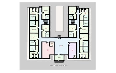 Architectural floor plan of a boys and girls hostel showing dormitory rooms and communal spaces.