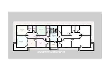Architectural floor plan for a two-storey residential apartment block with living room and kitchen layouts.