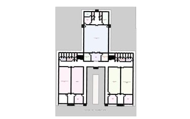 Architectural floor plan diagram of a symmetrical building layout with rooms and hallways.