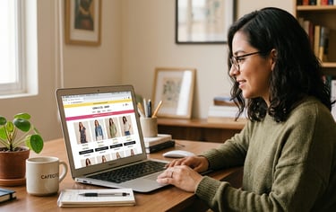 Una mujer utiliza su ordenador portátil para comprar online en una página web mientras trabaja