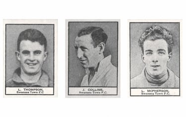 Vintage Swansea Town F.C. cigarette cards featuring players L. Thompson, J. Collins, and L. McPherson.